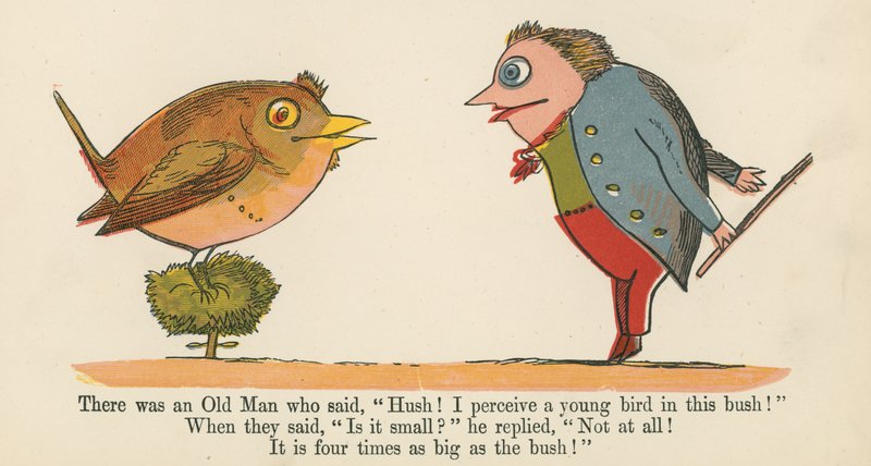 Olipa kerran vanha mies, joka sanoi: "Hys! Näen tässä pensaassa nuoren linnun!", kirjasta "A Book of Nonsense", julkaissut Frederick Warne and Co., Lontoo, noin 1875. tekijältä Edward Lear