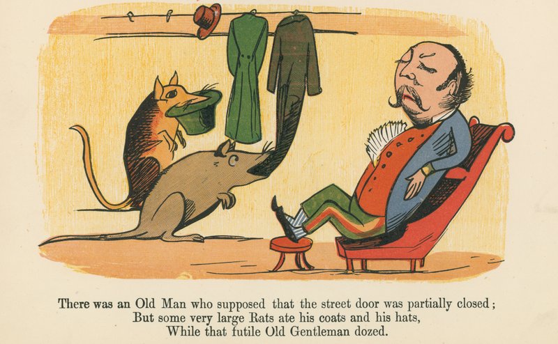 Eräs vanha mies luuli, että kadun ovi oli osittain kiinni, "A Book of Nonsense", jonka julkaisi Frederick Warne and Co., Lontoo, noin 1875 tekijältä Edward Lear