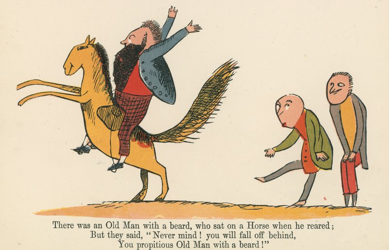 Siellä oli partainen vanha mies, joka istui hevosen selässä kasvaessaan "A Book of Nonsense", jonka julkaisi Frederick Warne and Co., Lontoo, noin 1875 tekijältä Edward Lear