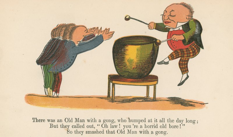 Olipa kerran vanha mies, jolla oli gongi, ja hän hakkaa sitä koko päivän, Frederick Warne and Co:n julkaisemasta "A Book of Nonsense", Lontoo, n. 1875. tekijältä Edward Lear