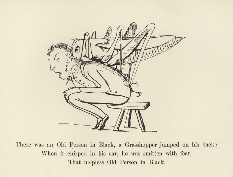 Siellä oli Vanha henkilö mustassa, heinäsirkka hyppäsi selälleen tekijältä Edward Lear