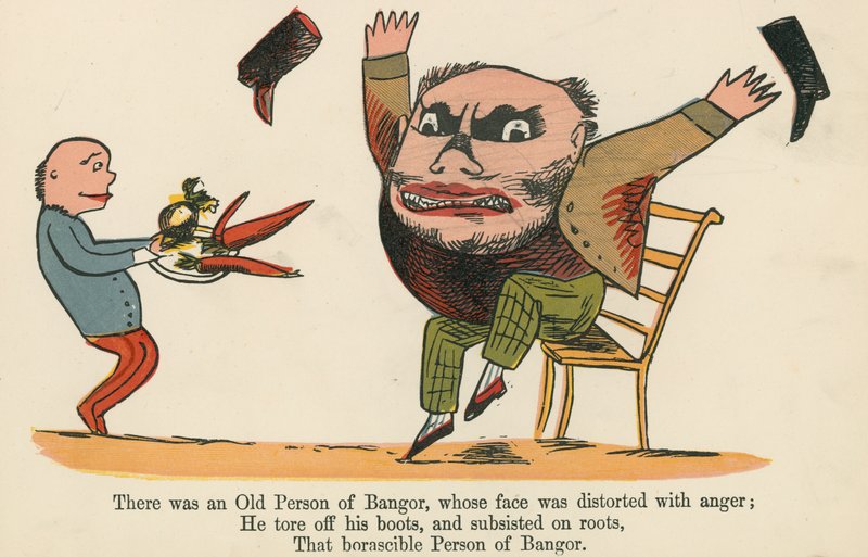 Oli eräs Bangorin vanhus, jonka kasvot olivat vihasta vääristyneet, Frederick Warne and Co:n Lontoossa noin vuonna 1875 julkaisemasta "A Book of Nonsense" -kirjasta. tekijältä Edward Lear
