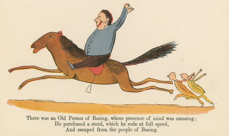 Eräs Basingin vanhus, jonka mielenlujuus oli hämmästyttävä, on kirjasta "A Book of Nonsense", jonka on julkaissut Frederick Warne and Co., Lontoo, noin 1875. tekijältä Edward Lear