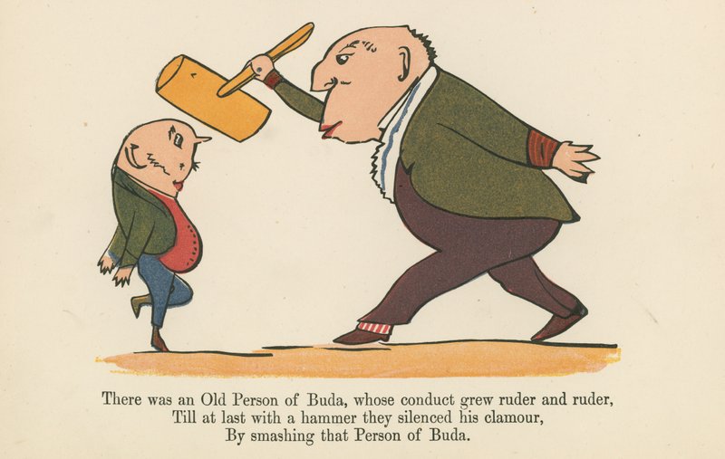 Olipa kerran eräs Budan vanhus, jonka käytös muuttui yhä räikeämmäksi ja räikeämmäksi, Frederick Warne and Co:n julkaisemasta "A Book of Nonsense", Lontoo, noin 1875. tekijältä Edward Lear