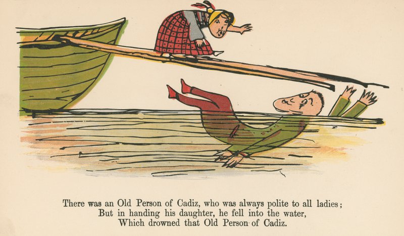 Olipa kerran eräs Cadizin vanha mies, joka oli aina kohtelias kaikkia naisia kohtaan, Frederick Warne and Co:n julkaisemasta "A Book of Nonsense", Lontoo, n. 1875. tekijältä Edward Lear