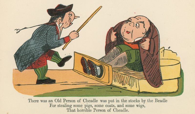 Olipa kerran vanha Cheadlen asukas, jonka hovimestari laittoi varastoon, kirjasta "A Book of Nonsense", julkaissut Frederick Warne and Co., Lontoo, n. 1875. tekijältä Edward Lear