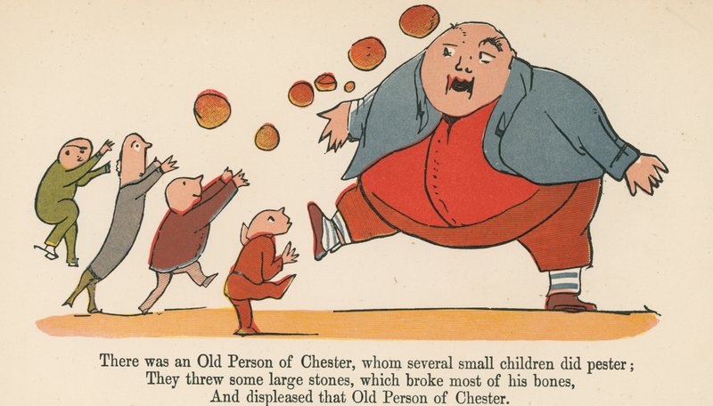 Olipa kerran Chesterin vanha ihminen, jota useat pienet lapset kiusasivat, Frederick Warne and Co:n Lontoossa noin vuonna 1875 julkaisemasta "A Book of Nonsense" -kirjasta. tekijältä Edward Lear