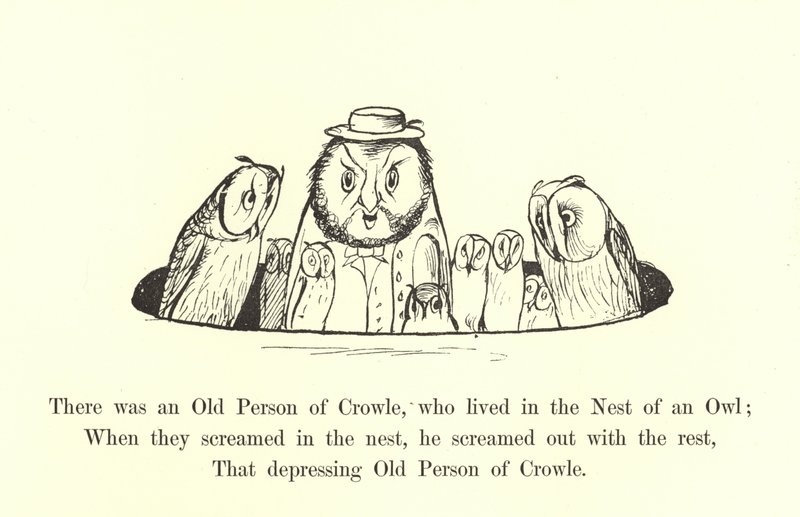 Siellä oli Crowlen vanha henkilö, joka asui pöllön pesässä tekijältä Edward Lear