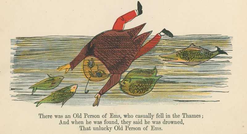 Siellä oli Emsin vanha henkilö, joka kaatui satunnaisesti Thamesissa, kirjasta "A Book of Nonsense", jonka julkaisija Frederick Warne and Co., Lontoo, noin 1875 tekijältä Edward Lear