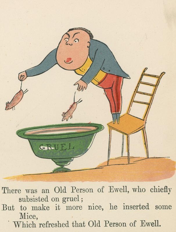 Siellä oli eräs Ewellin vanha henkilö, joka eläytyi pääasiassa velistä, kirjasta "A Book of Nonsense", jonka julkaisi Frederick Warne and Co., Lontoo, noin 1875 tekijältä Edward Lear