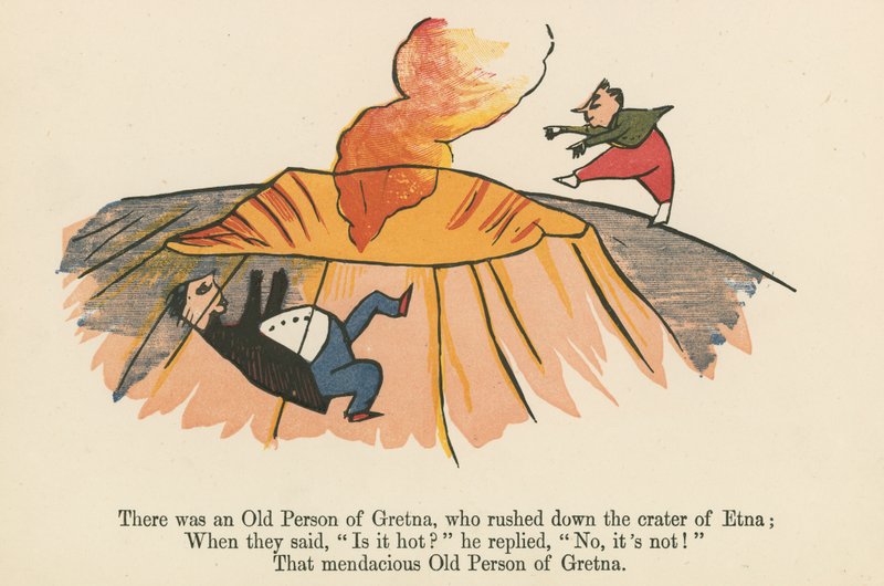 Olipa kerran Gretnan vanha ihminen, joka syöksyi alas Etnan kraatteriin, Frederick Warne and Co:n julkaisemasta "A Book of Nonsense", Lontoo, n. 1875. tekijältä Edward Lear