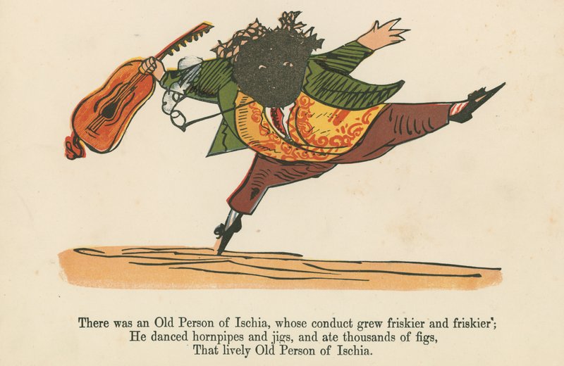 Olipa kerran Ischian vanhus, jonka käytös muuttui yhä riehakkaammaksi ja riehakkaammaksi, kirjasta "A Book of Nonsense", julkaissut Frederick Warne and Co., Lontoo, n. 1875. tekijältä Edward Lear