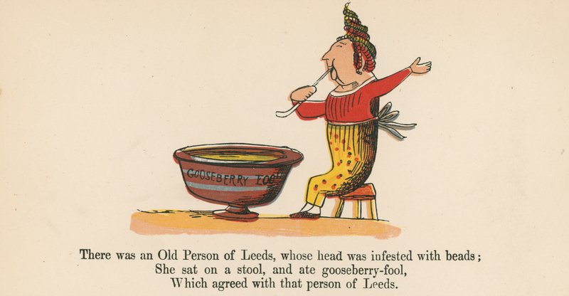 Siellä oli Leedsin vanha henkilö, jonka pää oli täynnä helmiä kirjasta "A Book of Nonsense", jonka julkaisija Frederick Warne and Co., Lontoo, noin 1875 tekijältä Edward Lear
