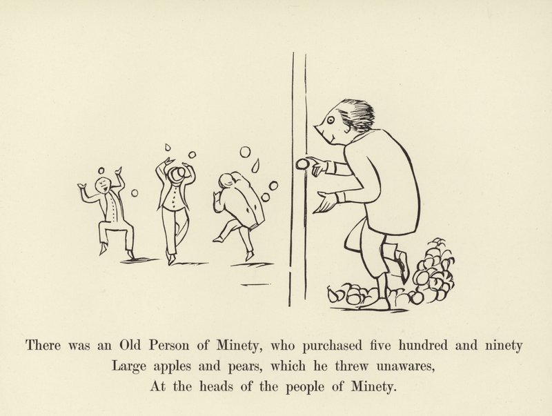 Siellä oli eräs vanha henkilö, joka osti viisisataayhdeksänkymmentä suurta omenaa ja päärynää tekijältä Edward Lear