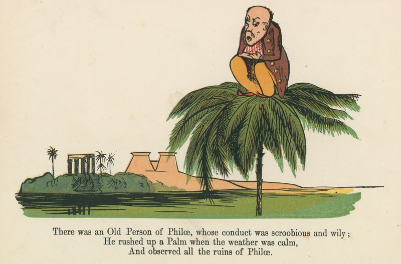 Siellä oli Philaen vanha henkilö, jonka käytös oli röyhkeää ja ovelaa, kirjasta "A Book of Nonsense", jonka julkaisija Frederick Warne and Co., Lontoo, noin 1875 tekijältä Edward Lear