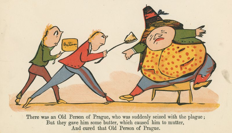 Siellä oli eräs prahalainen vanha henkilö, joka yhtäkkiä sai ruton, kirjasta "A Book of Nonsense", julkaisija Frederick Warne and Co., Lontoo, noin 1875 tekijältä Edward Lear