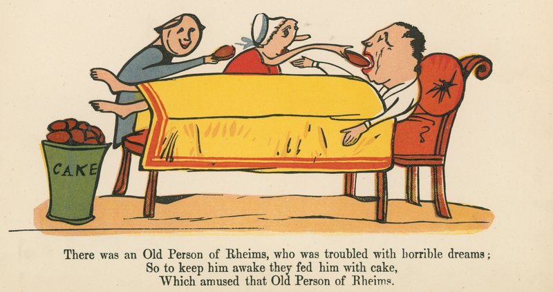 Siellä oli Rheimsin vanha henkilö, jota vaivasivat kauhistuttavat unet, kirjasta "A Book of Nonsense", jonka julkaisija Frederick Warne and Co., Lontoo, noin 1875 tekijältä Edward Lear