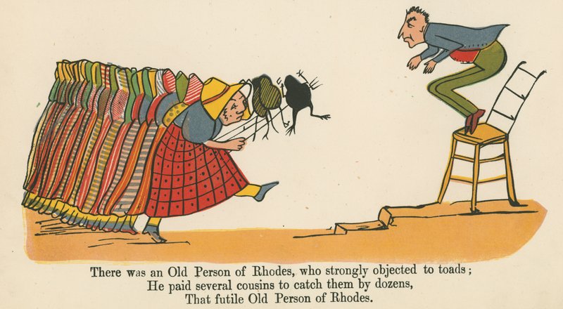 Eräs rodoslainen vanhus vastusti jyrkästi sammakoita, Frederick Warne and Co:n Lontoossa noin vuonna 1875 julkaisemasta "A Book of Nonsense" -kirjasta. tekijältä Edward Lear