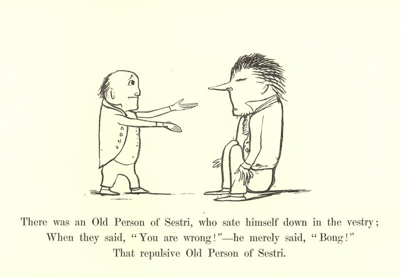 Siellä oli Sestrin vanha henkilö, joka istuutui sappihuoneeseen tekijältä Edward Lear