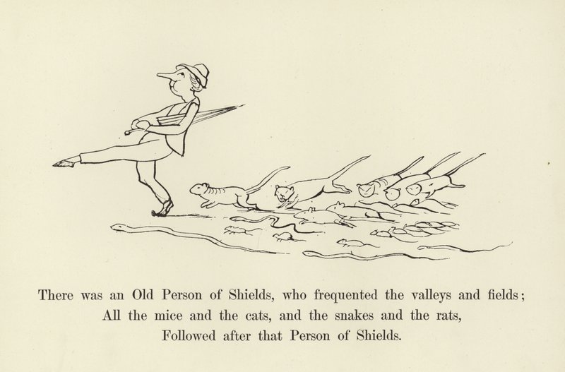Oli eräs Shieldsin vanhus, joka liikkui laaksoissa ja pelloilla... tekijältä Edward Lear