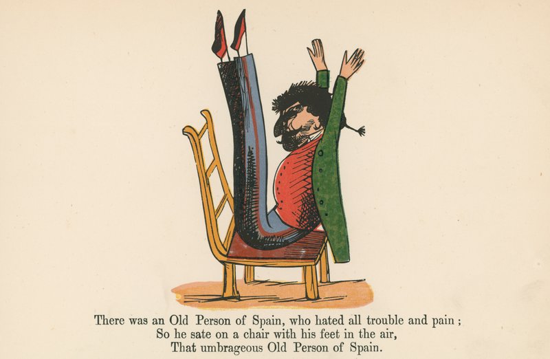 Siellä oli eräs Espanjan vanha henkilö, joka vihasi kaikkea vaivaa ja tuskaa, kirjasta "A Book of Nonsense", jonka julkaisija Frederick Warne and Co., Lontoo, noin 1875 tekijältä Edward Lear