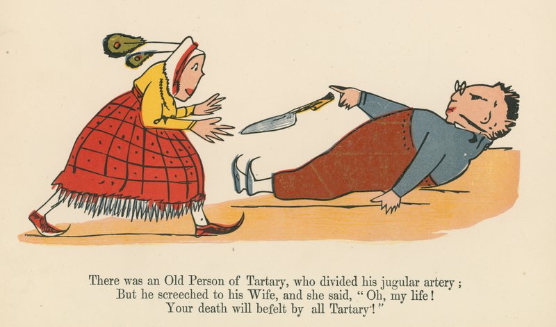 Eräs tataarilainen vanhus jakoi kaulavaltimonsa, Frederick Warne and Co., Lontoo, n. 1875, julkaisemasta "A Book of Nonsense" -kirjasta. tekijältä Edward Lear