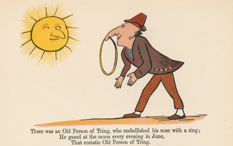 Olipa kerran Tringin vanha mies, joka koristi nenäänsä sormuksella, Frederick Warne and Co:n Lontoossa noin vuonna 1875 julkaisemasta "A Book of Nonsense" -kirjasta. tekijältä Edward Lear