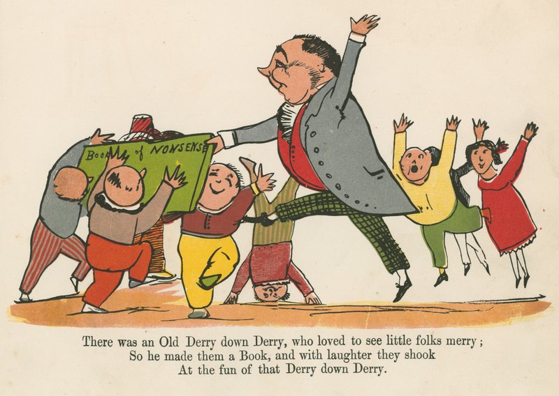 Olipa kerran vanha Derry Down Derry, joka piti siitä, että pienet ihmiset olivat iloisia, Frederick Warnen ja Co:n julkaisemasta "A Book of Nonsense", Lontoo, n. 1875. tekijältä Edward Lear