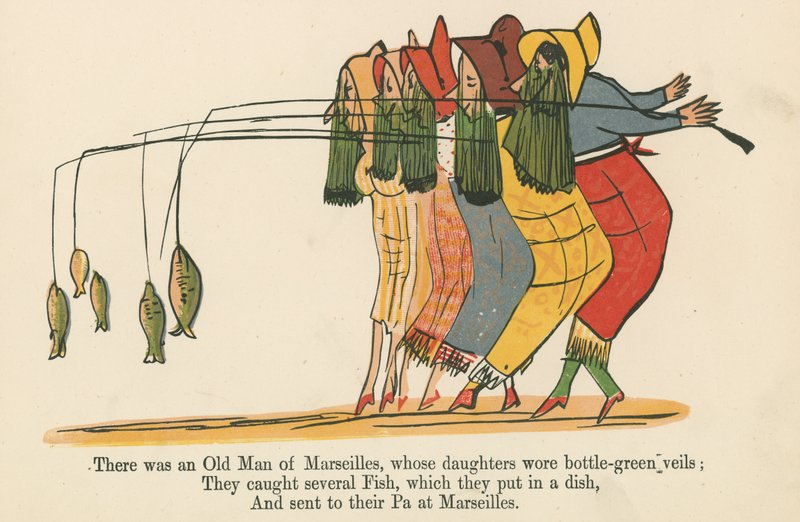 Siellä oli Marseillen vanha mies, jonka tyttäret käyttivät pullonvihreitä hunnuja, kirjasta "A Book of Nonsense", jonka julkaisija Frederick Warne and Co., Lontoo, noin 1875 tekijältä Edward Lear