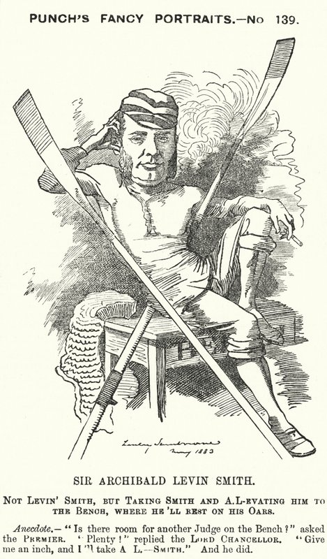 Punch-sarjakuva: Archibald Levin Smith, englantilainen tuomari ja soutu, joka kilpaili University Boat Race -kilpailussa ja Henley Royal Regatta -kilpailussa (kaiverrus) tekijältä Edward Linley (after) Sambourne