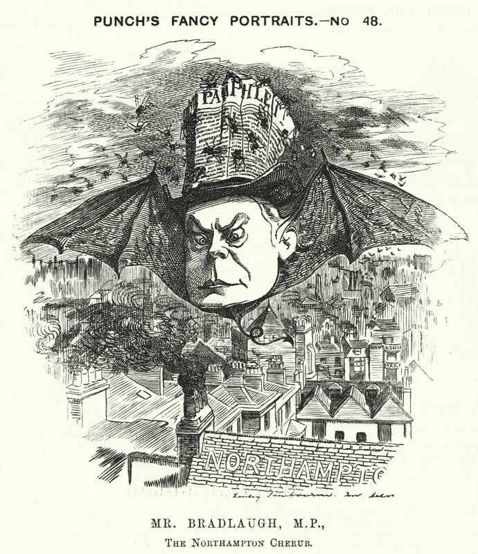 Punch-sarjakuva: Charles Bradlaugh, englantilainen liberaalipoliitikko ja ateisti (kaiverrus) tekijältä Edward Linley (after) Sambourne