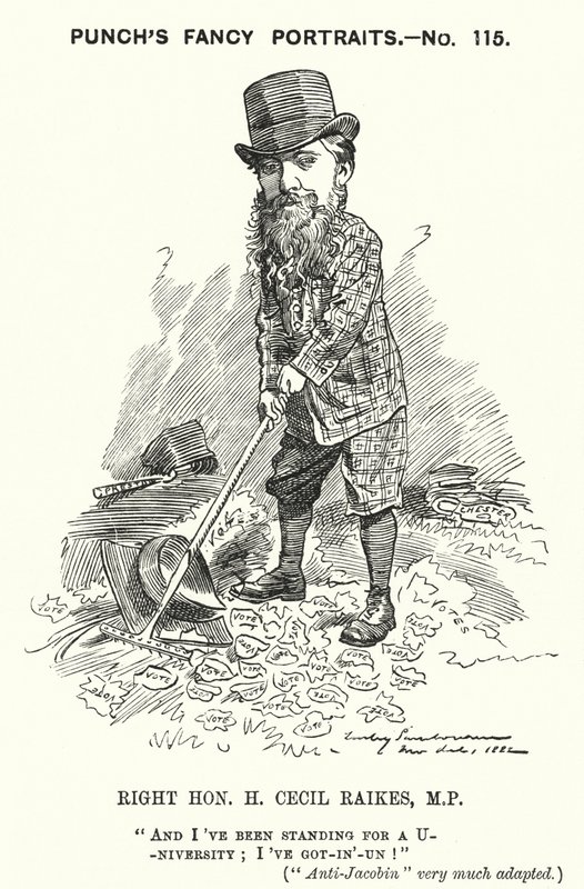 Punch-sarjakuva: Henry Cecil Raikes, englantilainen konservatiivipoliitikko (kaiverrus) tekijältä Edward Linley (after) Sambourne