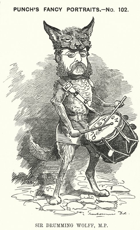 Punch-sarjakuva: Henry Drummond Wolff, englantilainen konservatiivipoliitikko (kaiverrus) tekijältä Edward Linley (after) Sambourne