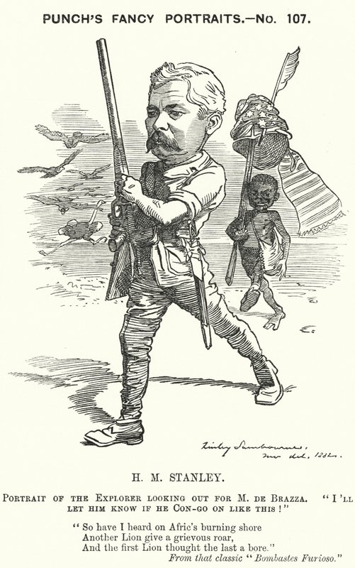 Punch-sarjakuva: Henry Morton Stanley, walesilainen toimittaja ja tutkimusmatkailija (kaiverrus) tekijältä Edward Linley (after) Sambourne