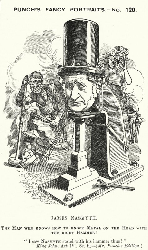 Punch-sarjakuva: James Nasmyth, skotlantilainen insinööri ja höyryvasaran keksijä (kaiverrus) tekijältä Edward Linley (after) Sambourne