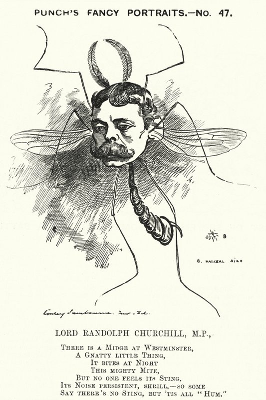 Punch-sarjakuva: Lord Randolph Churchill, englantilainen konservatiivipoliitikko (kaiverrus) tekijältä Edward Linley (after) Sambourne