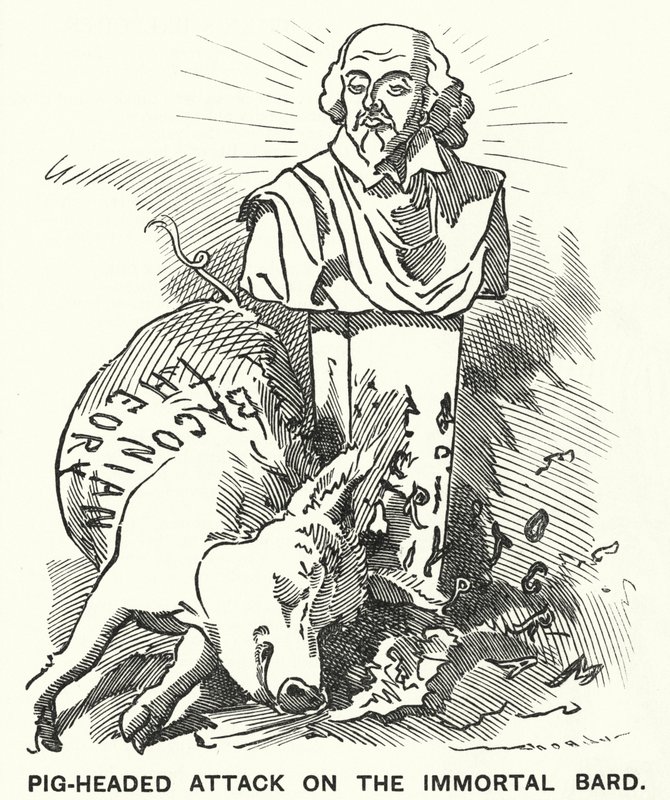 Punch-sarjakuva: Pig-headed Attack on the Immortal Bard - teoria, jonka mukaan William Shakespearen näytelmät ovat itse asiassa Sir Francis Baconin kirjoittamia (kaiverrus) tekijältä Edward Linley (after) Sambourne