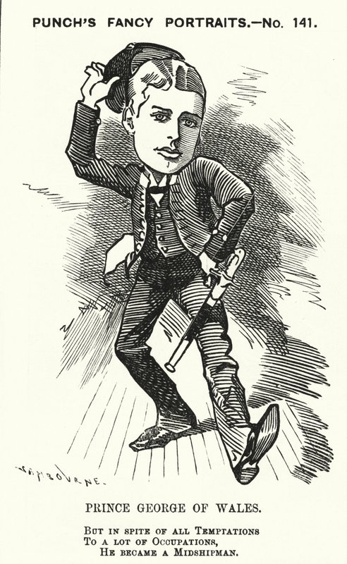 Punch-sarjakuva: Walesin prinssi George, tuleva kuningas George V, kuninkaallisen laivaston keskilaivamiehenä (kaiverrus) tekijältä Edward Linley (after) Sambourne