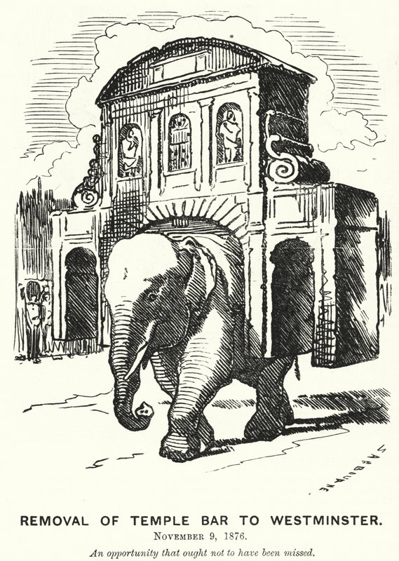 Punch-sarjakuva: Temple Barin poistaminen Westminsteriin (kaiverrus) tekijältä Edward Linley (after) Sambourne