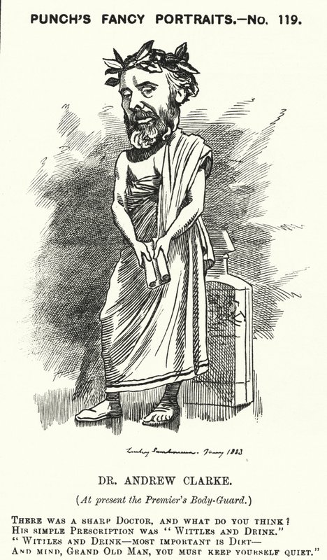 Punch-sarjakuva: Sir Andrew Clarke, brittiläinen lääkäri, William Ewart Gladstonen lääkäri (kaiverrus) tekijältä Edward Linley (after) Sambourne