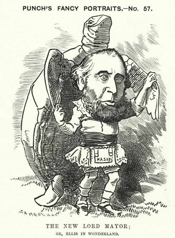 Punch-sarjakuva: Sir John Ellis, Lontoon pormestari vuonna 1881 (kaiverrus) tekijältä Edward Linley (after) Sambourne