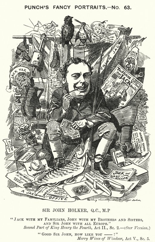 Punch-sarjakuva: Sir John Holker, englantilainen lakimies ja poliitikko (kaiverrus) tekijältä Edward Linley (after) Sambourne