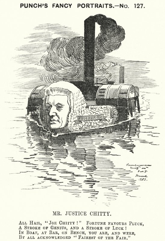 Punch-sarjakuva: Sir Joseph William Chitty, englantilainen tuomari, liberaalipoliitikko ja urheilija (kaiverrus) tekijältä Edward Linley (after) Sambourne