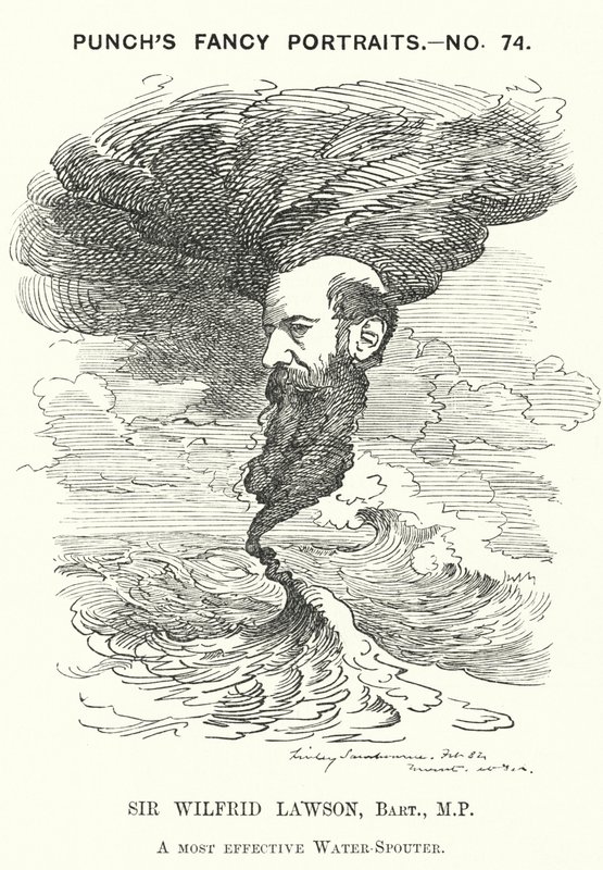 Punch-sarjakuva: Sir Wilfrid Lawson, englantilainen radikaaliliberaalipoliitikko ja raittiuskampanjan kannattaja (kaiverrus) tekijältä Edward Linley (after) Sambourne