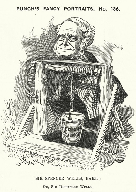 Punch-sarjakuva: Thomas Spencer Wells, englantilainen lääkäri, kuningatar Victorian kirurgi (kaiverrus) tekijältä Edward Linley (after) Sambourne