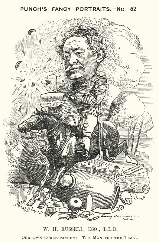 Punch-sarjakuva: William Howard Russell, irlantilainen toimittaja ja sotakirjeenvaihtaja (kaiverrus) tekijältä Edward Linley (after) Sambourne