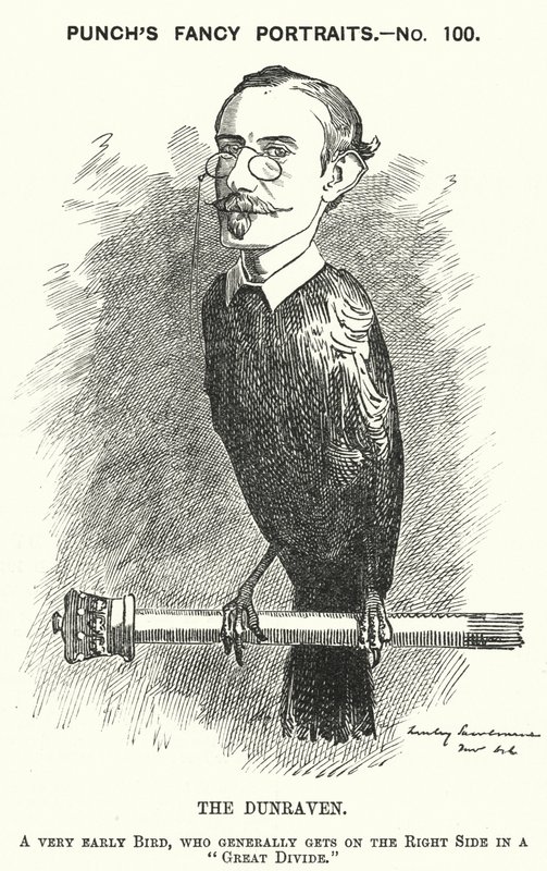 Punch-sarjakuva: Windham Wyndham-Quin, 4. Earl of Dunraven ja Mount-Earl, englantilais-irlantilainen toimittaja, maanomistaja ja konservatiivinen poliitikko (kaiverrus) tekijältä Edward Linley (after) Sambourne
