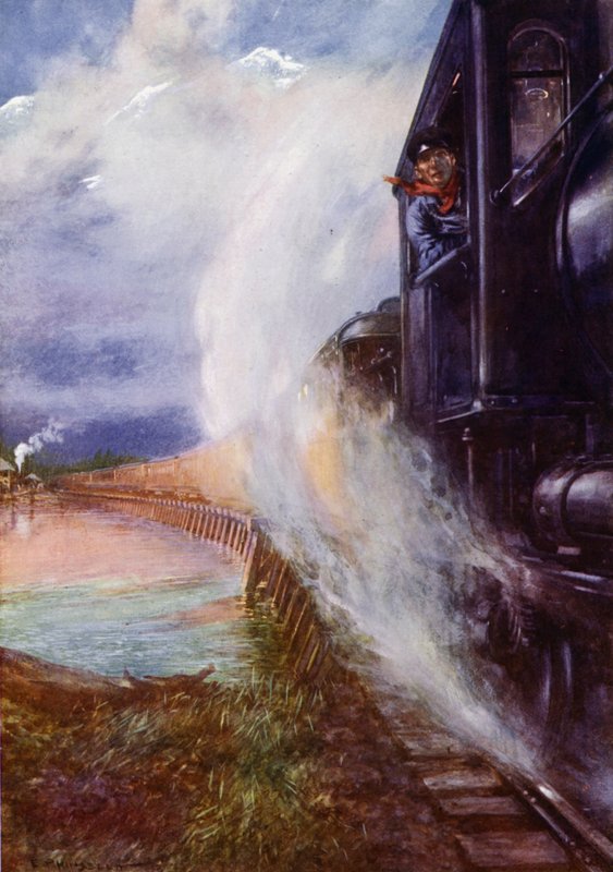 Juna kulkee Skeena-joen varrella Grand Trunk Pacific Railwaylla, Kanada (väri litho) tekijältä Edward Parick Kinsella
