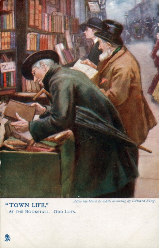 Town Life: asiakkaat selailemassa kirjakojussa (värilitho) tekijältä Edward R. King