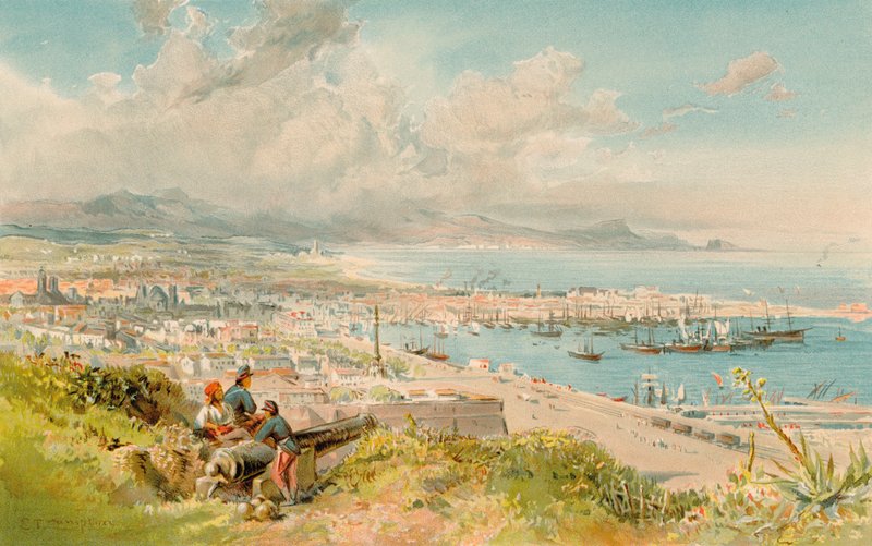 Barcelona, Montjuichista (väri litho) tekijältä Edward Theodore Compton